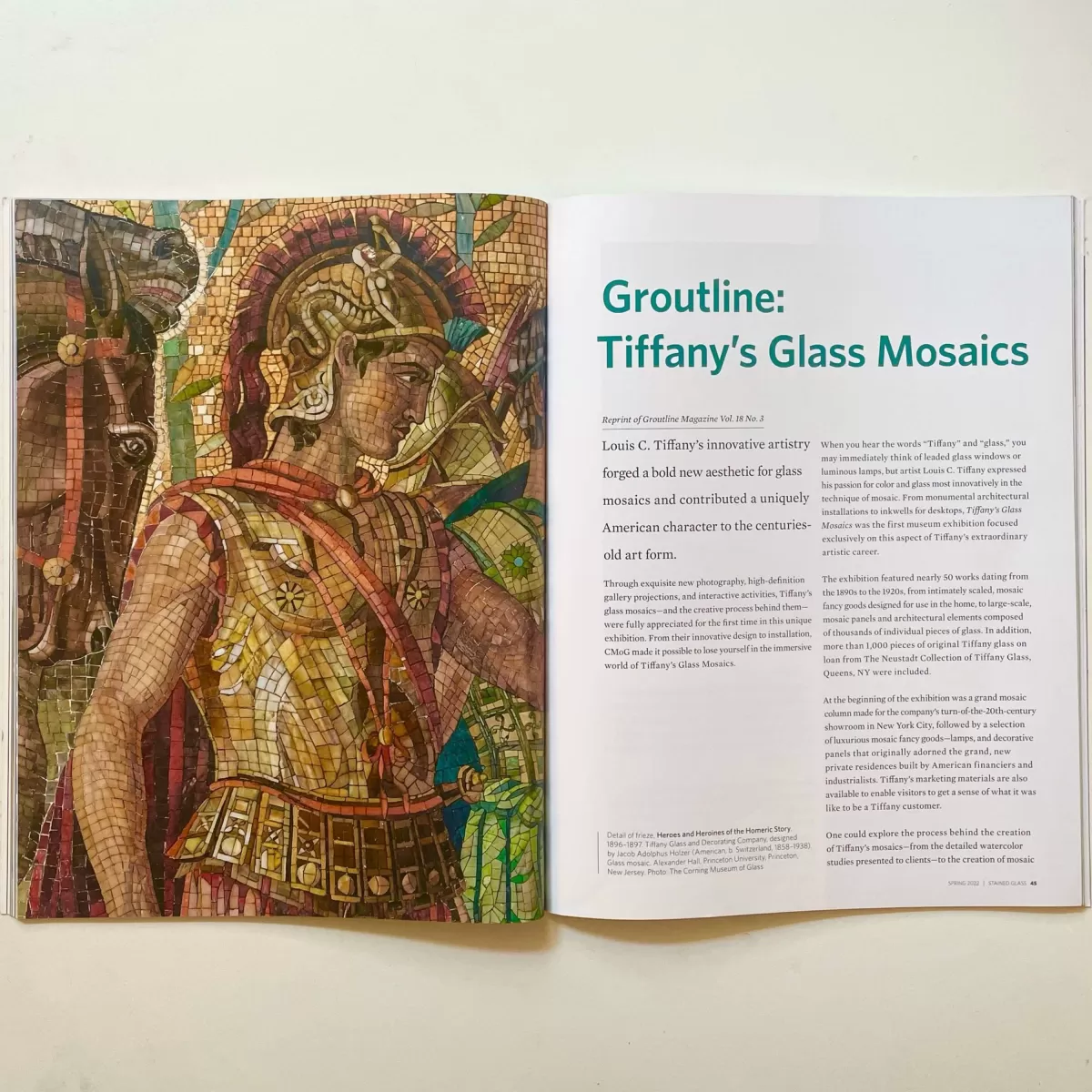 Stained Glass Quarterly, Spring 2022 spread, Groutline: Tiffany's Glass Mosaics
